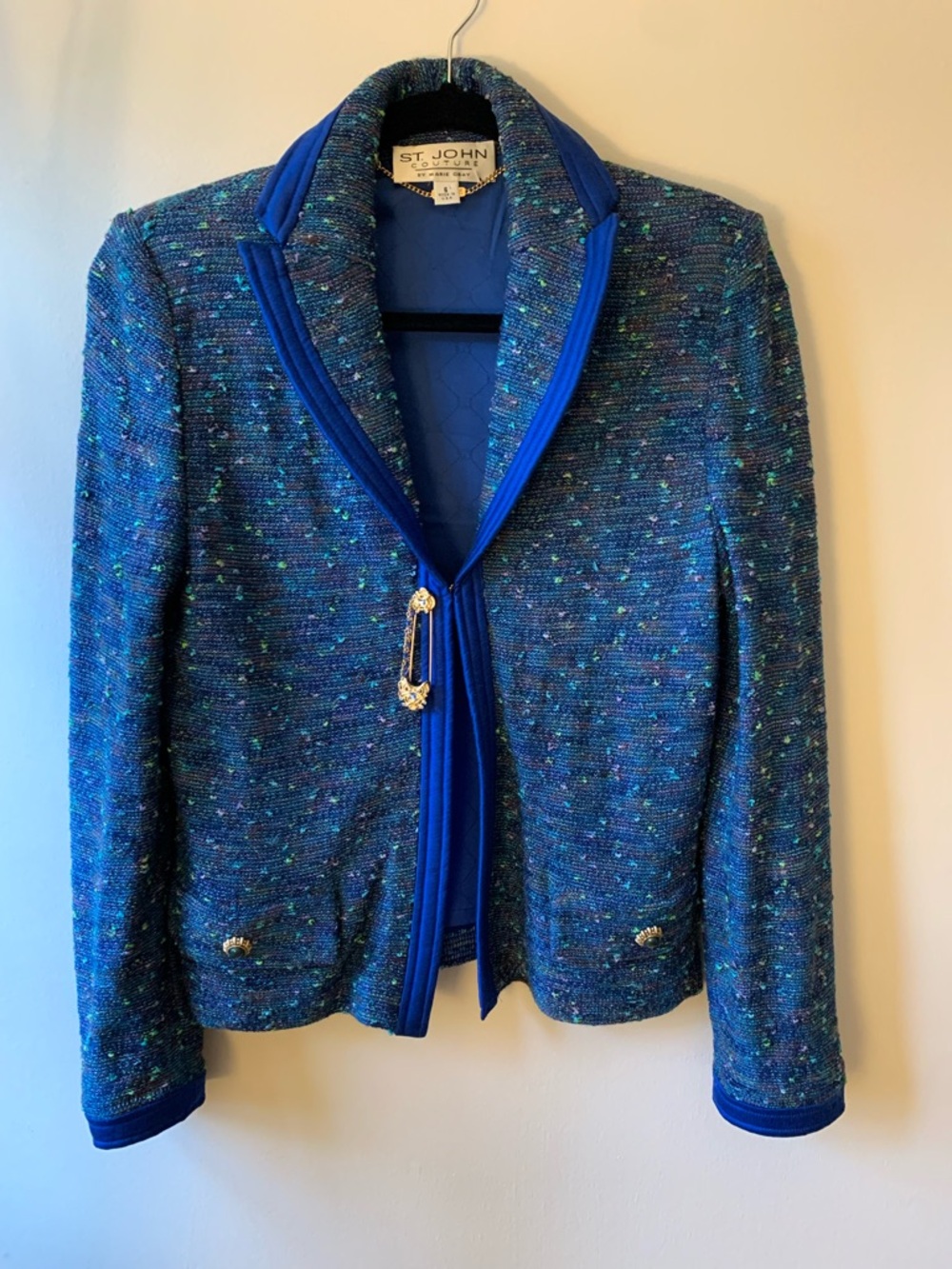 St. John Blue Tweed Jacket with removable brooch